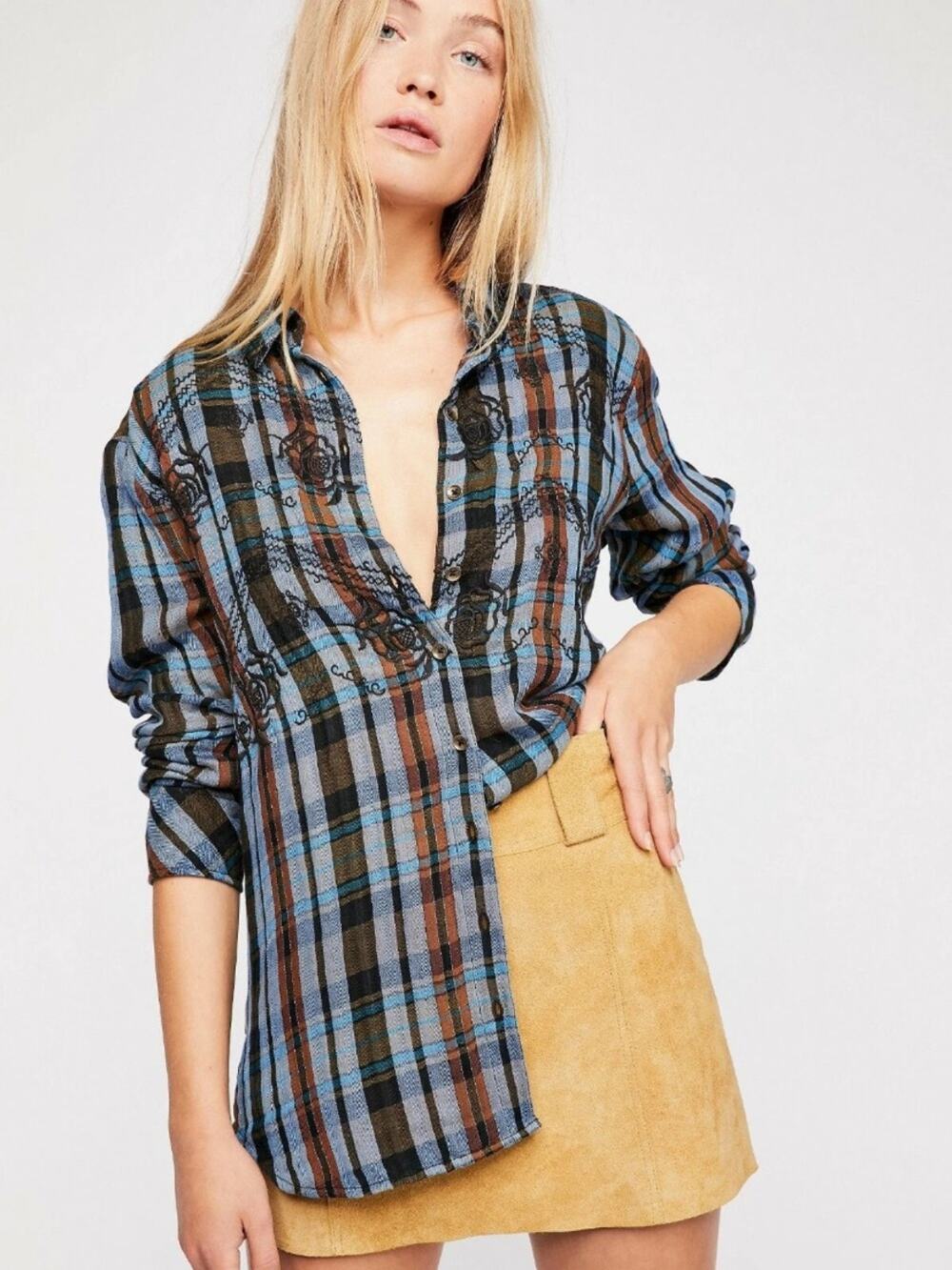 Free People Magical Plaid Button-Front Embroidered Shirt iBlue Brown size XS